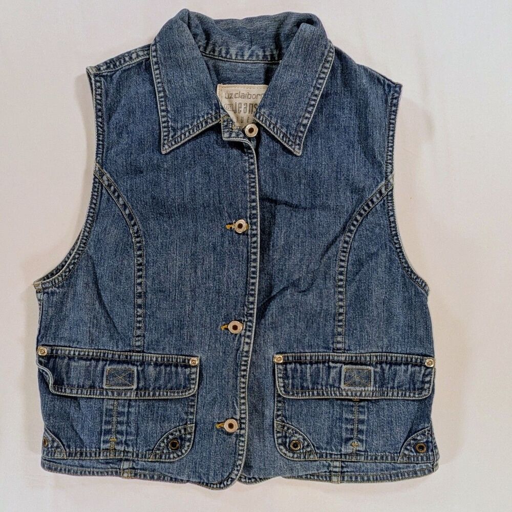 Liz Claiborne Denim Vest Womens Size Medium Blue Button Front pockets 90s grunge
